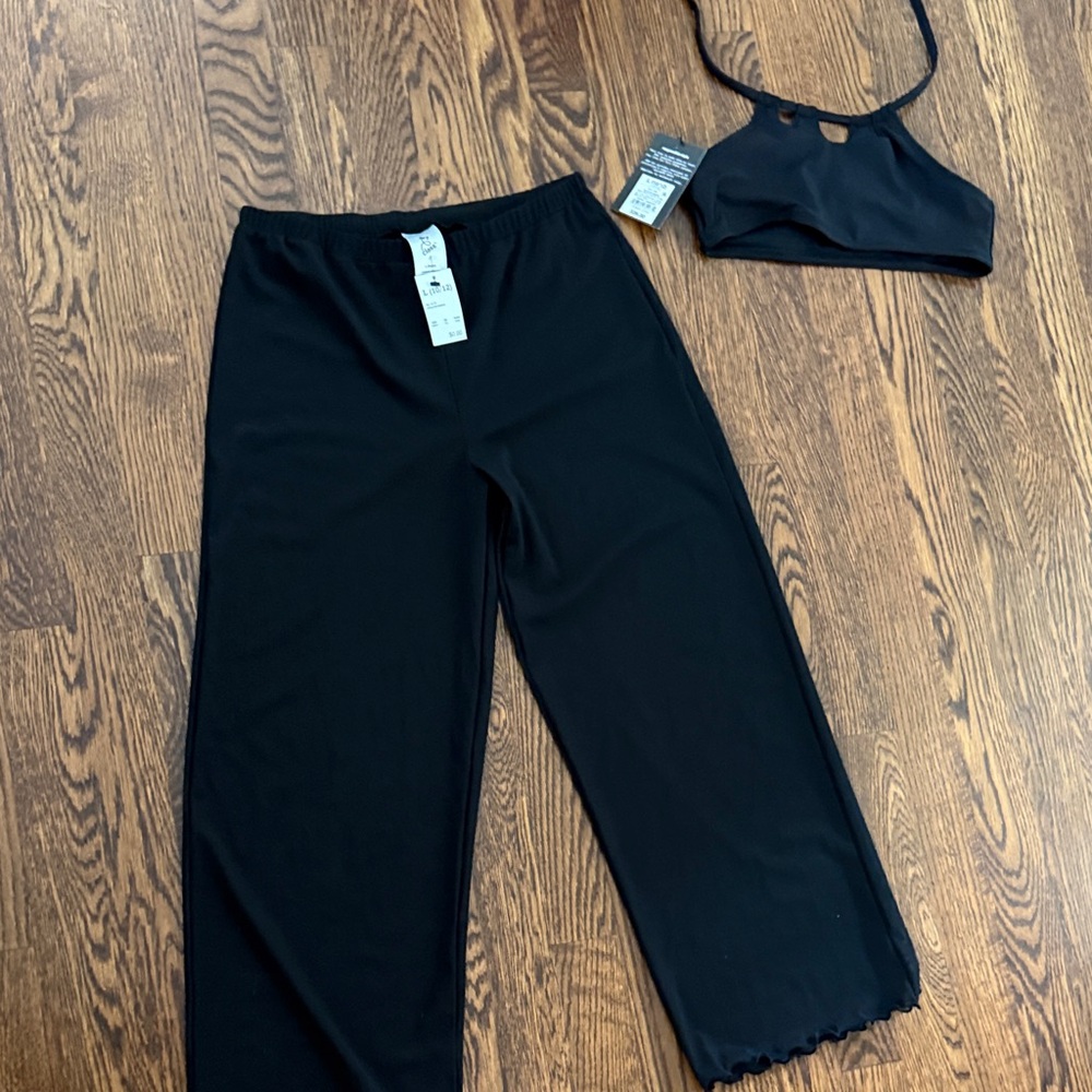 Black Two-Piece Set - Bikini Top & Wide Leg Sheer Pants (no swim bottom)